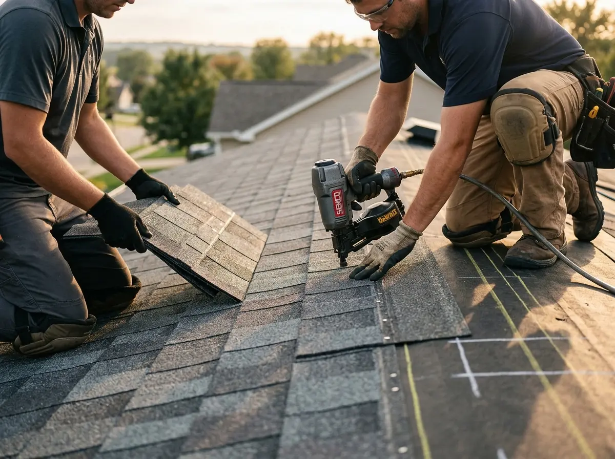 Professional roofer working on a residential roof in Barrington